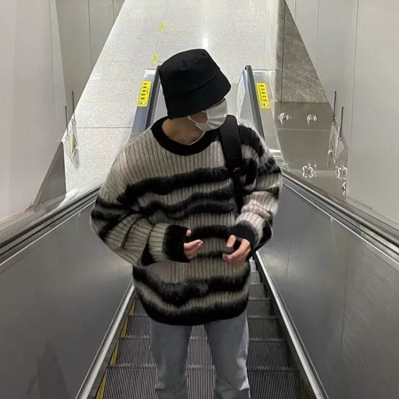 Plush Pullovers Men Autumn Winter Striped Fashion High Street Slouchy Loose Couples Knitted Sweater Y2k Harajuku Warm Outwear
