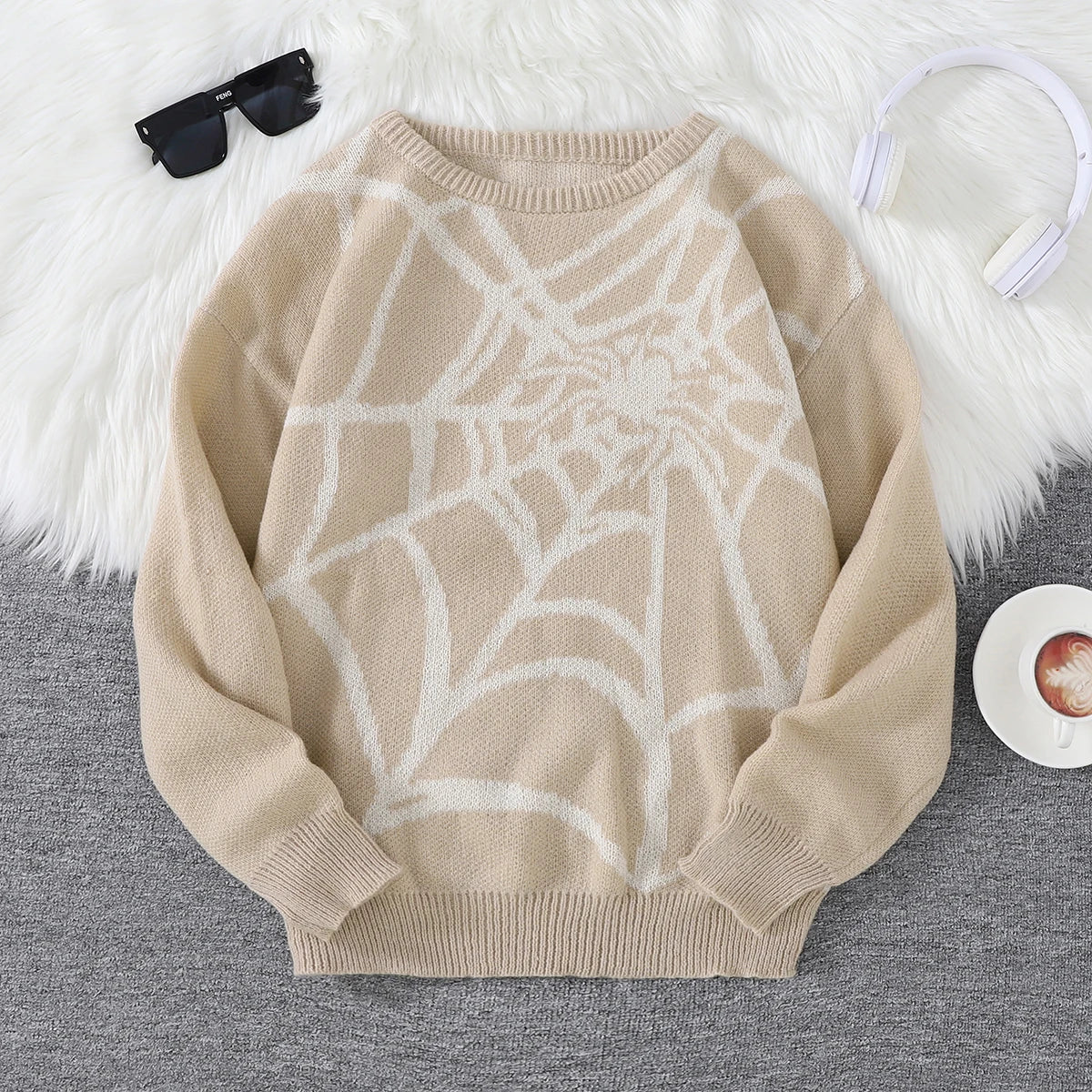 New Popular Autumn and Winter Spider Web Jacquard Pattern Pullover Sweater Casual Round Neck Knitted Men's Pullover
