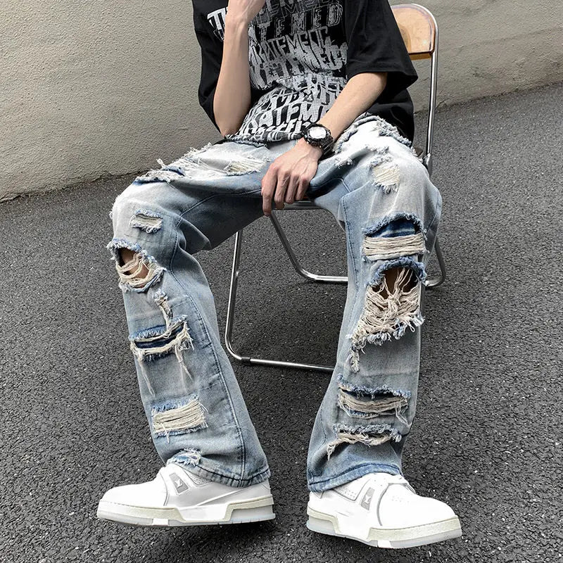 European and American High Street Spring and Autumn Vintage Destruction Washed Straight leg Jeans Couple Hip Hop Casual Pants