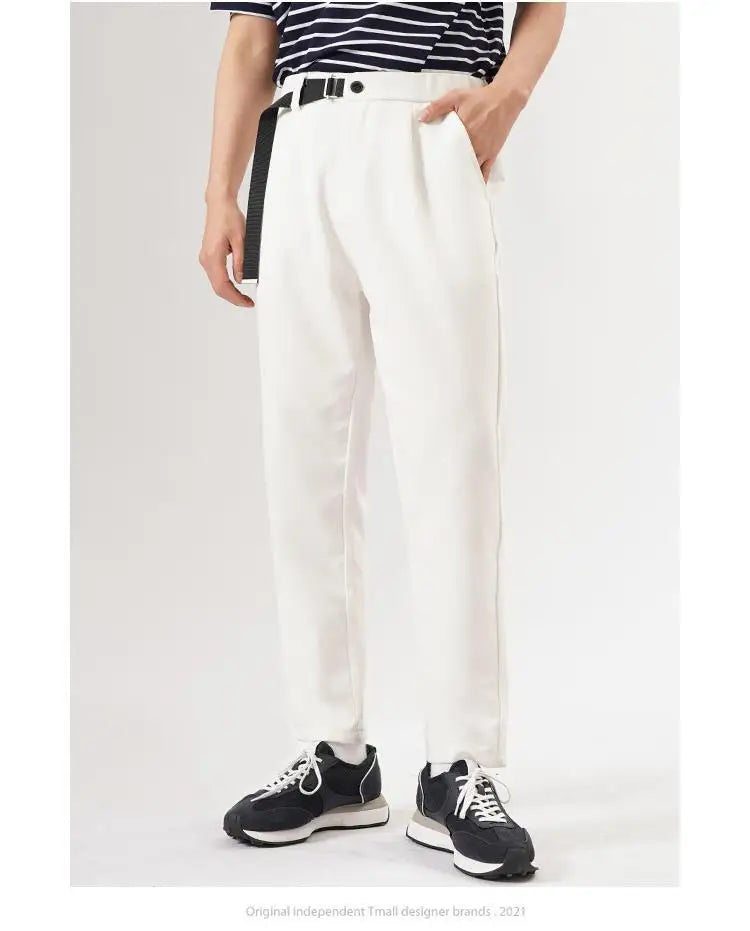White Stretch Casual Ankle Pants Silhouette Men's Elegant Suit Pants Summer Korean Straight Loose Men's Smart Casual Trousers