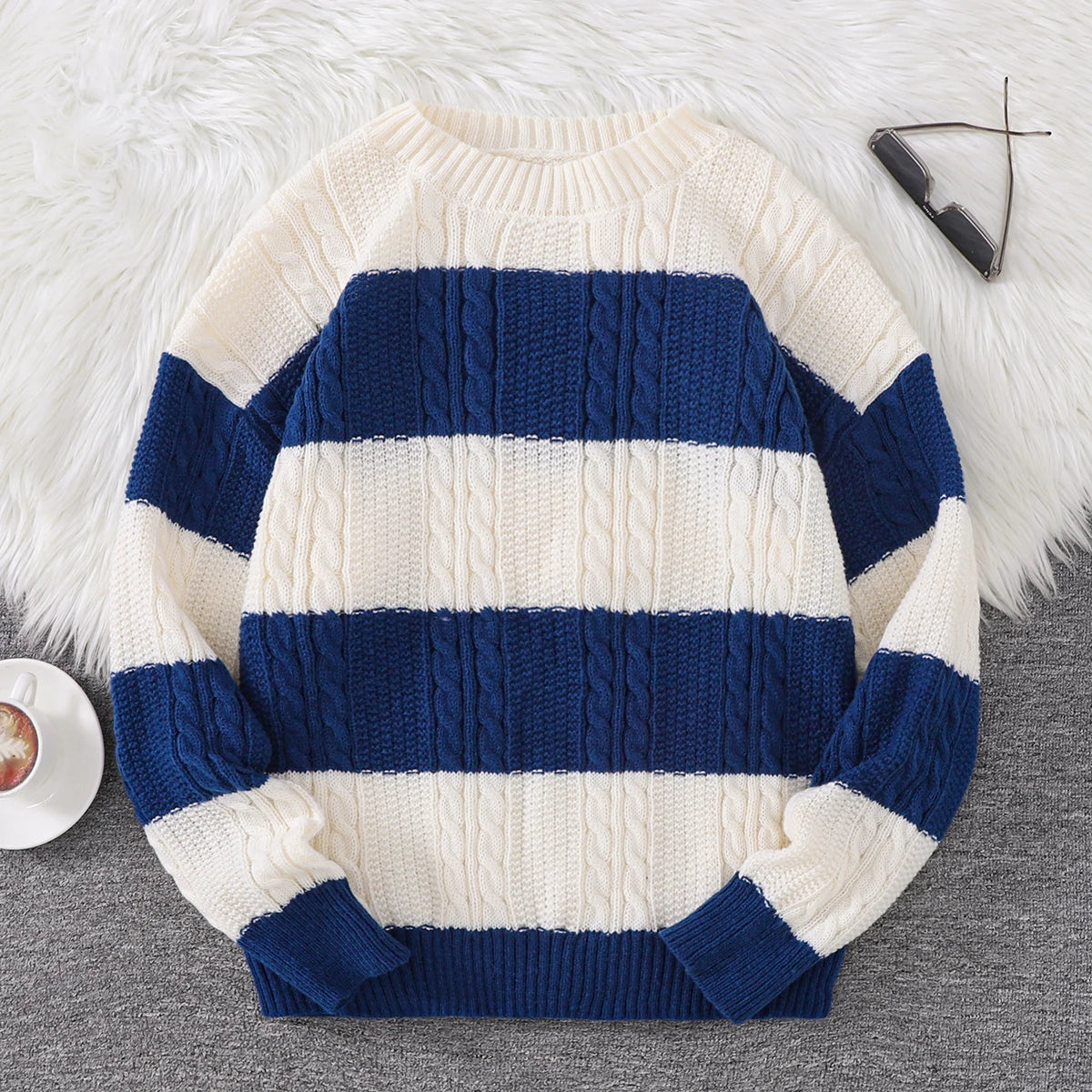 Autumn and Winter Striped Crew Neck Hemp Straw Style Casual Couple Sweater Versatile Trendy Men's Long-Sleeve Sweater Top