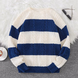 Autumn and Winter Striped Crew Neck Hemp Straw Style Casual Couple Sweater Versatile Trendy Men's Long-Sleeve Sweater Top