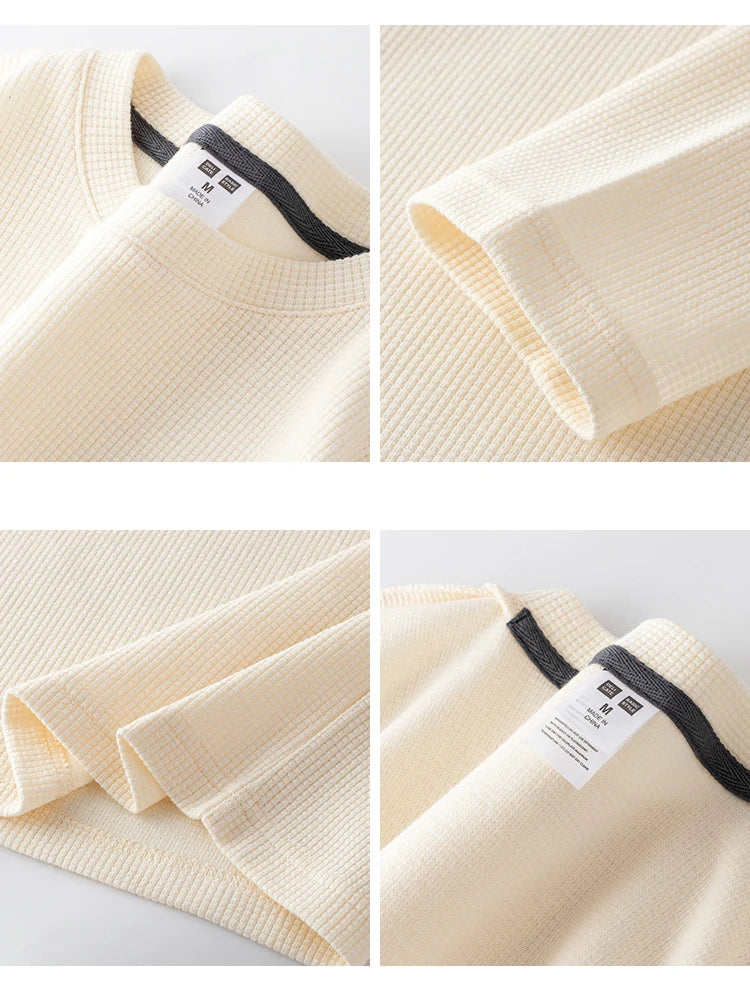 260G Men's Autumn Heavyweight Premium Waffle Basic T-shirt Long Sleeve Simple Solid Color Delicate White Tees Casual Daily Tops