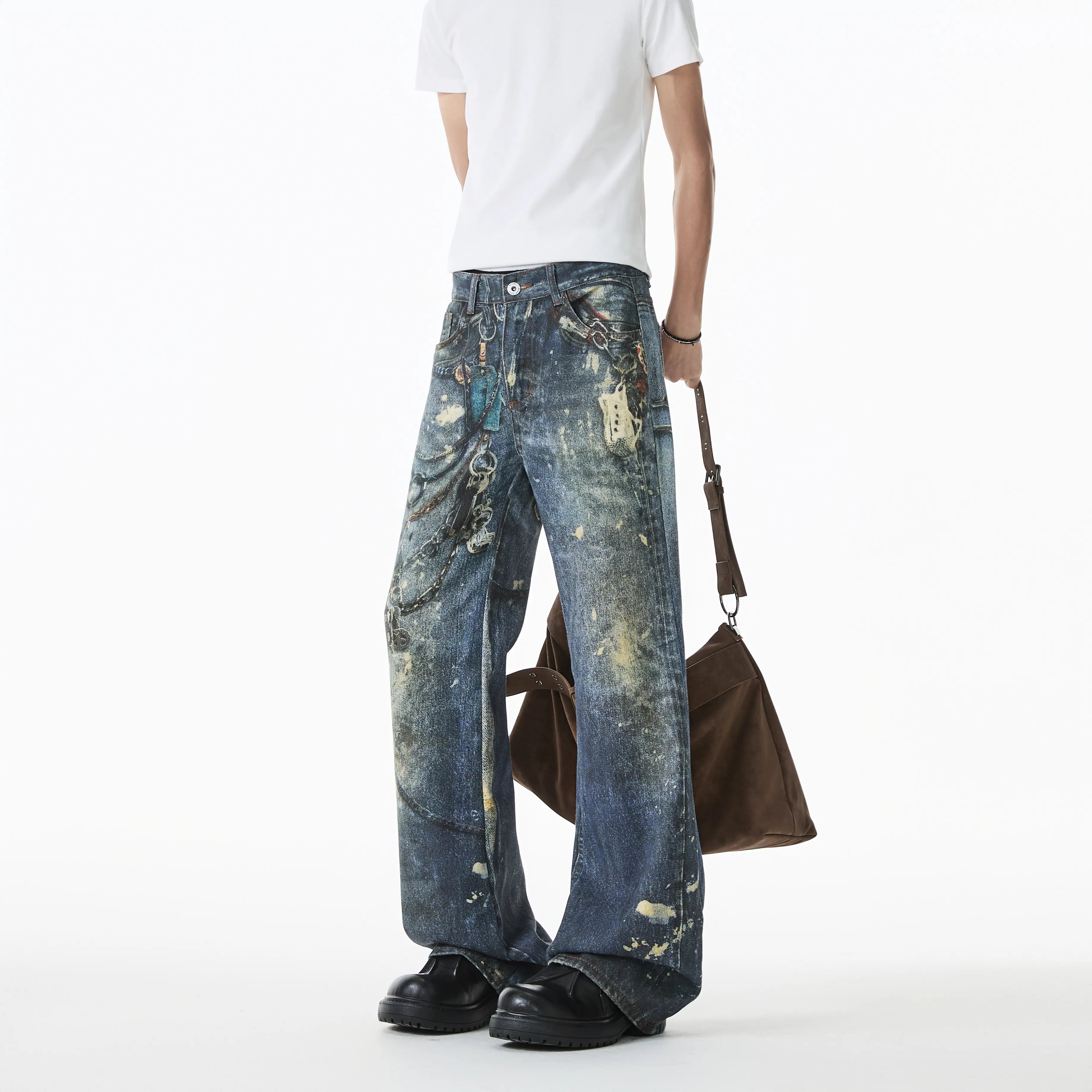 Jean Men Unique Design Graffiti Street Style Drag Jeans Urban Trendy Fashion Distressed Long Fit Casual Denim Pants Edgy Hip Hop