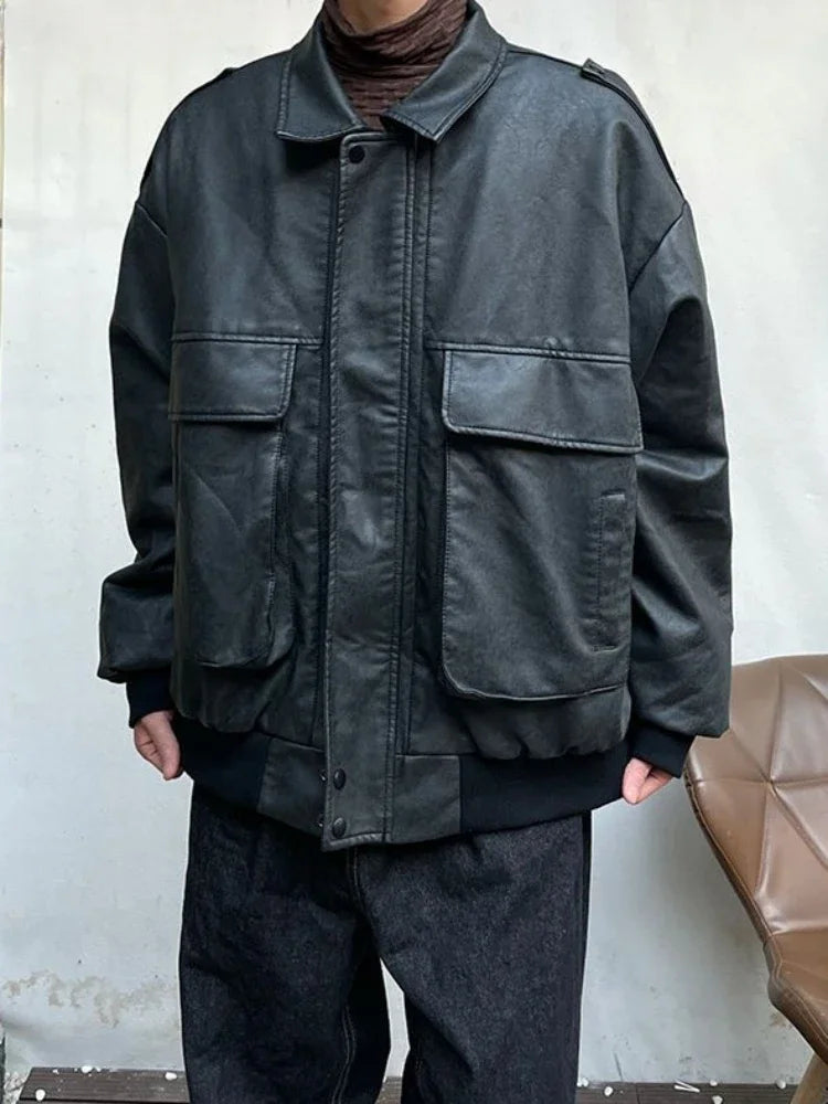 Mens Jacket Japanese Style Autumn Daily Casual Rib Sleeve Warm Streetwear All-match Outerwear Solid Color Multi Pockets Retro