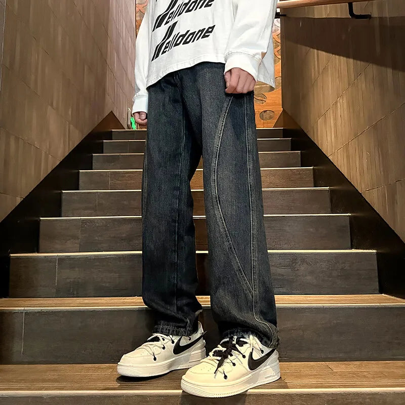 Straight Leg Jeans Men Washed Solid Trousers Panel Design Denim Pants Autumn Fall Male Wear New 2025 High-quality denim pants