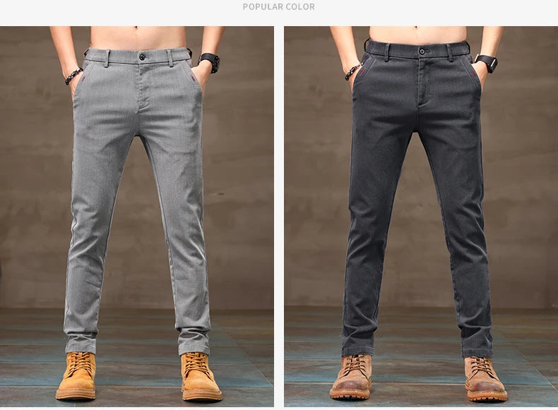 Men's Business Casual Pants Stretch Slim Fit Straight Semi-elastic Waist Trousers Solid Classic Office Work Male Clothing