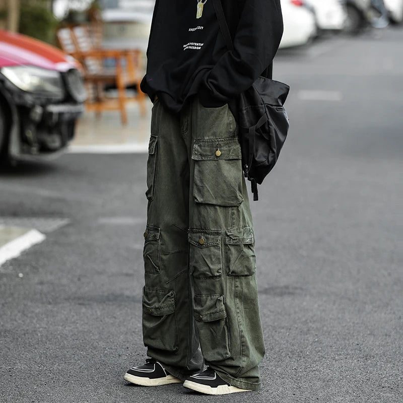 Japanese Multi-pocket Work Pants Men's Autumn Trendy Loose Straight Casual Pants Hip-hop Retro Design Trousers Aesthetic Chic