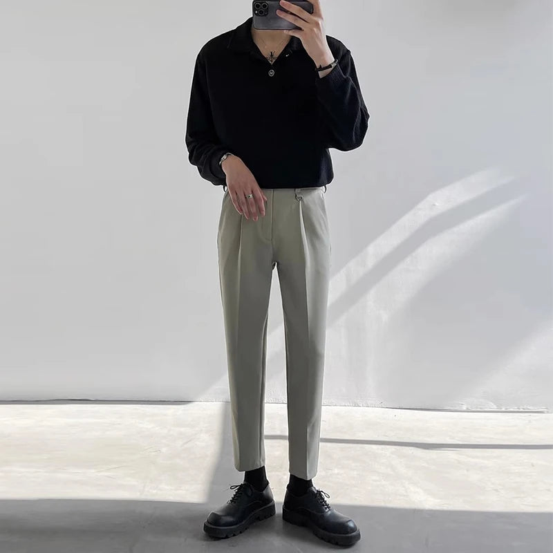 New Trendy Waffle Men Polo Shirt Leisure High Quality Solid Color Long Sleeve T-shirt Korean Fashion Autumn Loose Basic Shirts