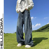 American High Street Jeans Men's Striped Patchwork Denim Pants Summer Loose Straight High-end Retro Versatile Wide-leg Trousers