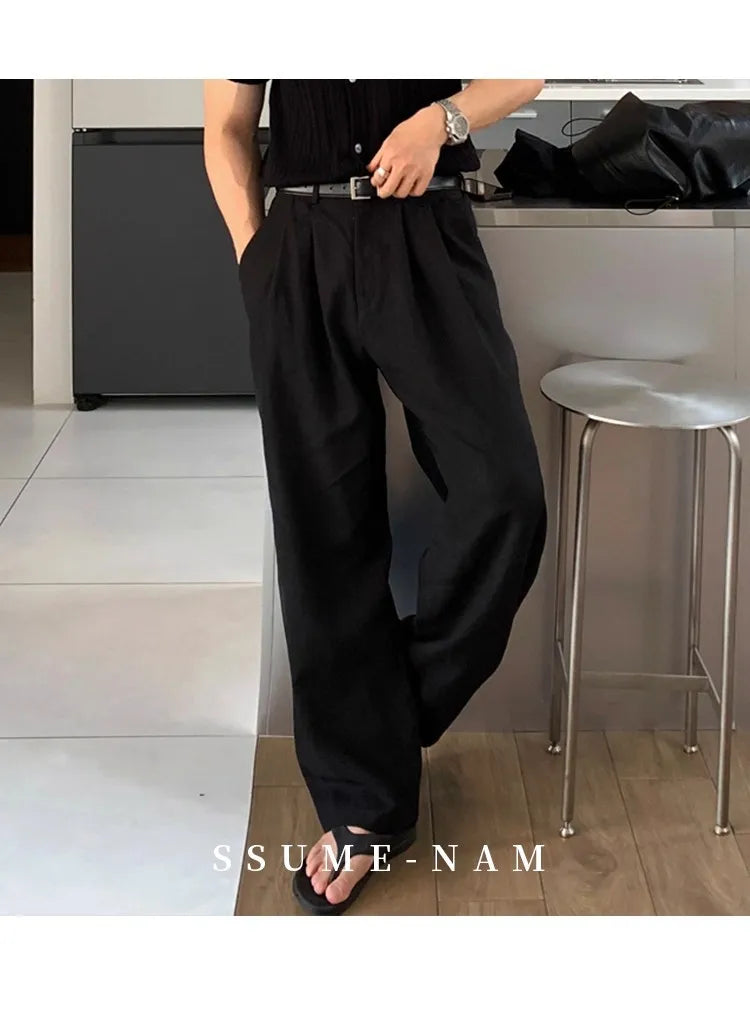 New Japanese Retro Men Casual Pants Luxury Draped Wide Leg Leisure Solid Color Straight Trousers High Quality Elegant Sweatpants