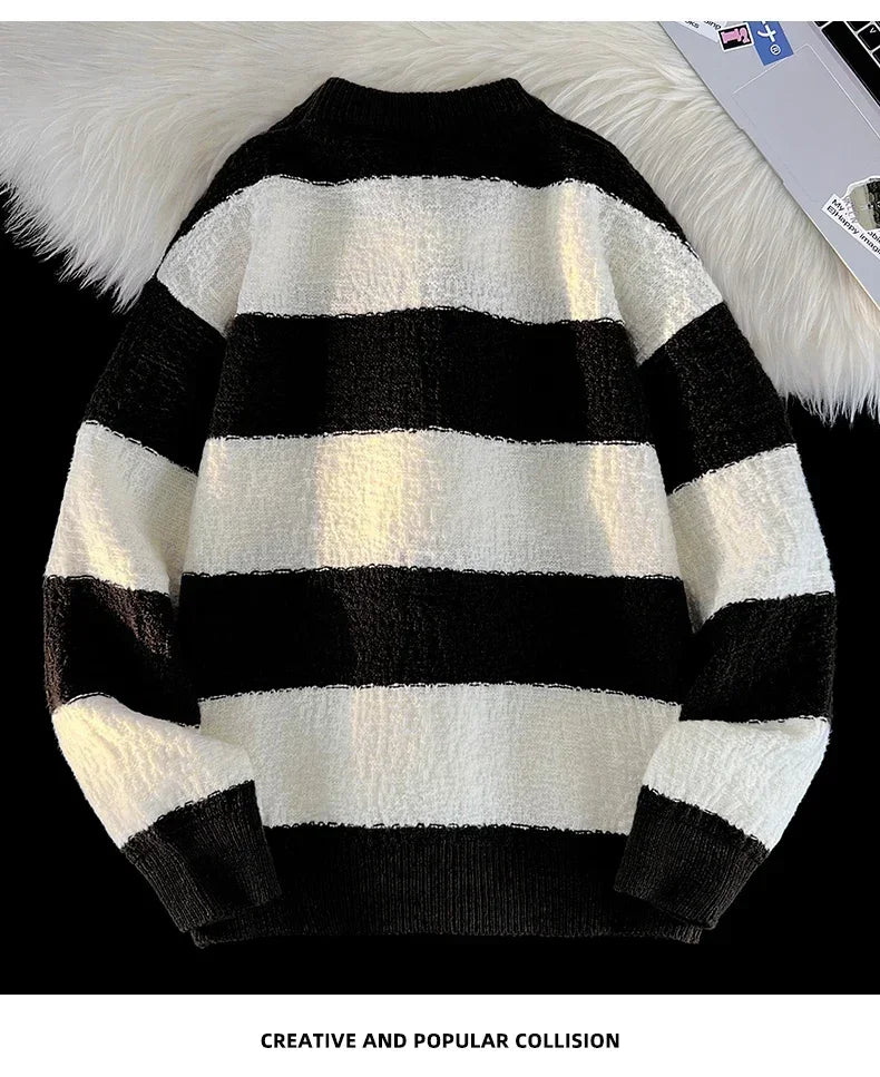 Men's New Black and White Striped Sweater Men's Autumn and Winter Loose Pullover Casual Top Men's Homestay Casual Warmth