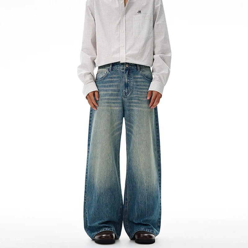 American Retro Jeans Men's Oversize Baggy Wide Legs Classic Wash Cotton Denim Pants Hip-hop Rock Streetwear Loose Trousers