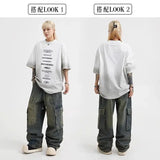 Spring High Street Men and Women Trendy Elastic Belt Work Clothes Jeans Couple Straight Tube Loose Water Washed Casual Pants y2k