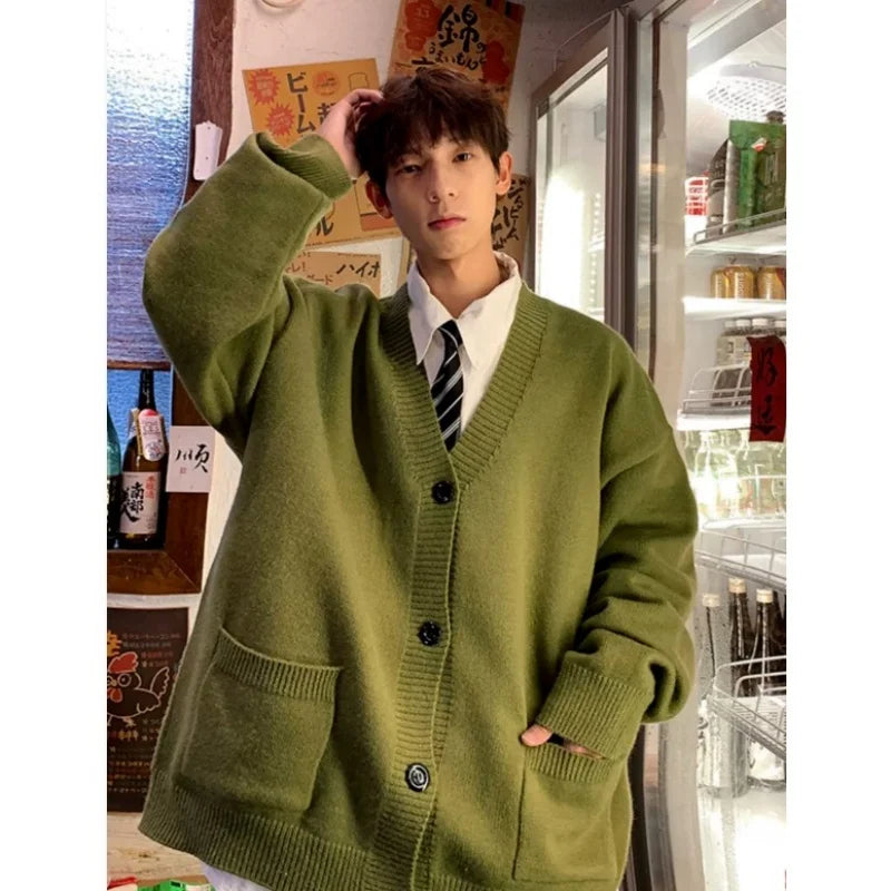 2025 new V-neck sweater jacket men's spring and autumn knitted cardigan men's trendy brand youth high-end woolen swea