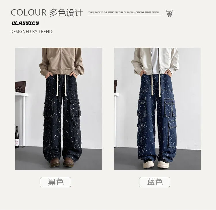 Cargo jean pants Men Wide Leg DenimLoose Straight Baggy Men's Jeans hip hop Streetwear Skateboard Neutral denim Trousers