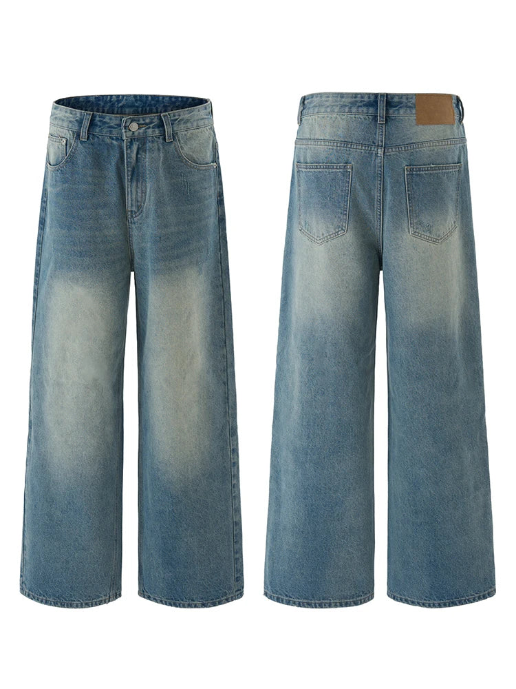 2025 Autumn Men's Wide-leg Jeans Comfortable Loose Casual Straight Trousers American Classic Retro Wash Cotton Denim Pants