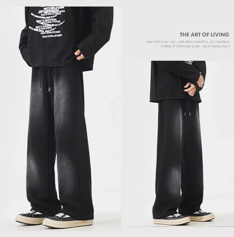 Autumn New Fashion Korean Men's Casual Pants Distressed Classic Black Baggy Straight Trousers Sweatpants Streetwear Male Clothes