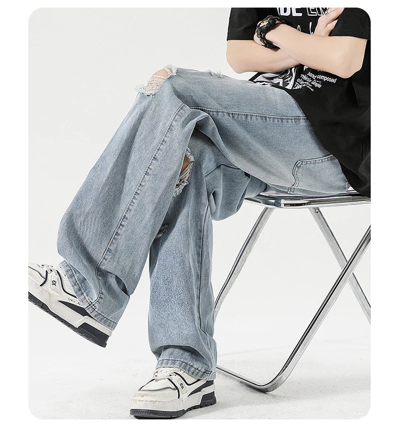 2025 Spring New Men's Ripped Jeans Baggy Straight Classic Light Blue Wide Leg Pants Elastic Waist Vintage Fashion Trousers Male