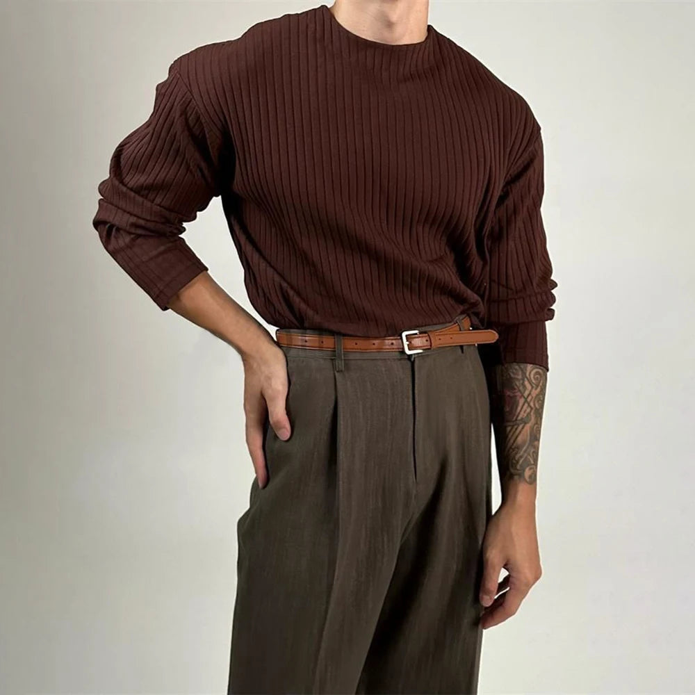 Mens Autumn Concave Convex Striped Off-Shoulder Long-Sleeved Knitted T-Shirt Gender-Neutral Casual Solid Color Loose Top Unisex