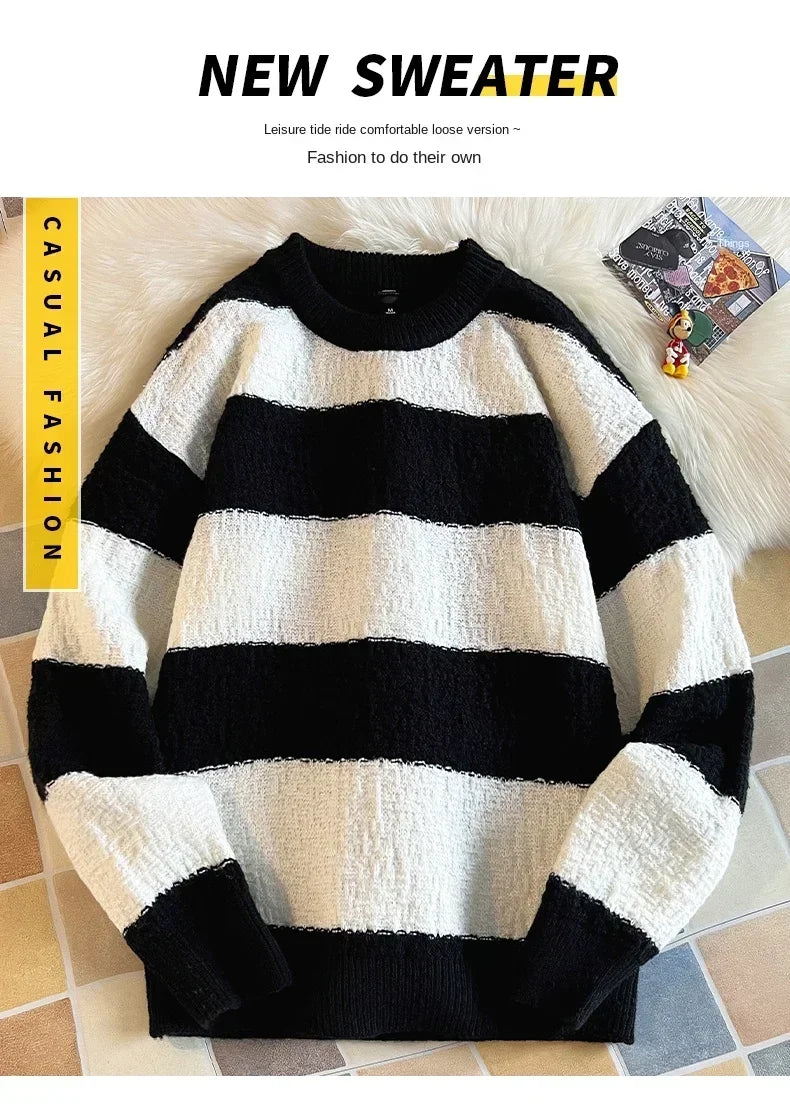 Men's New Black and White Striped Sweater Men's Autumn and Winter Loose Pullover Casual Top Men's Homestay Casual Warmth