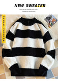 Men's New Black and White Striped Sweater Men's Autumn and Winter Loose Pullover Casual Top Men's Homestay Casual Warmth