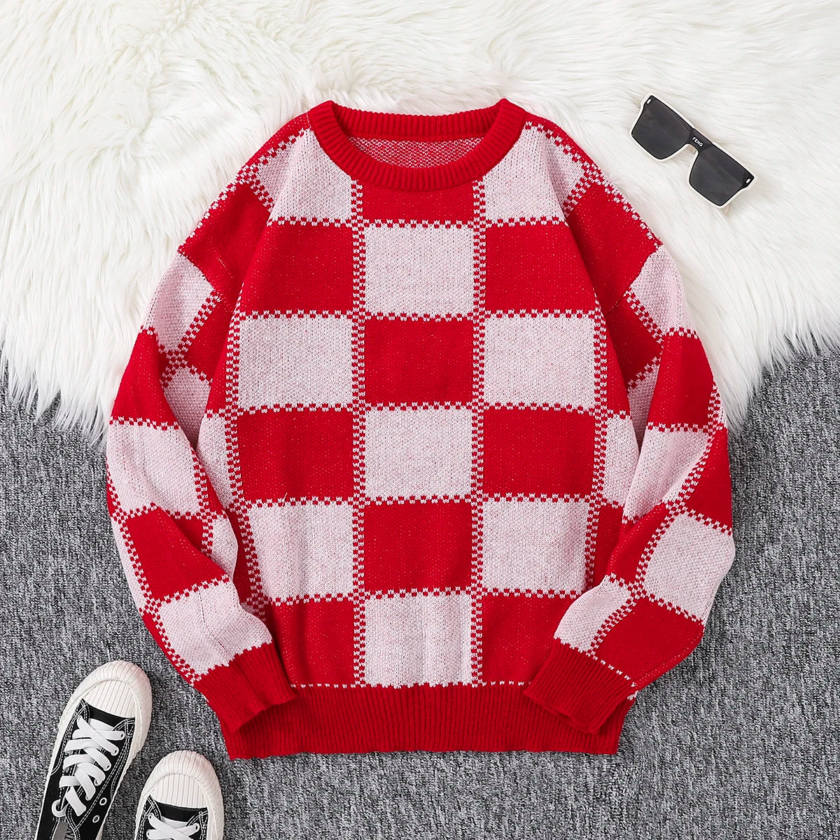 New Popular Autumn Winter Plaid Jacquard Pattern Pullover Sweater Casual Round Neck Contrast Color Knitted Men's Pullover