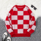 New Popular Autumn Winter Plaid Jacquard Pattern Pullover Sweater Casual Round Neck Contrast Color Knitted Men's Pullover