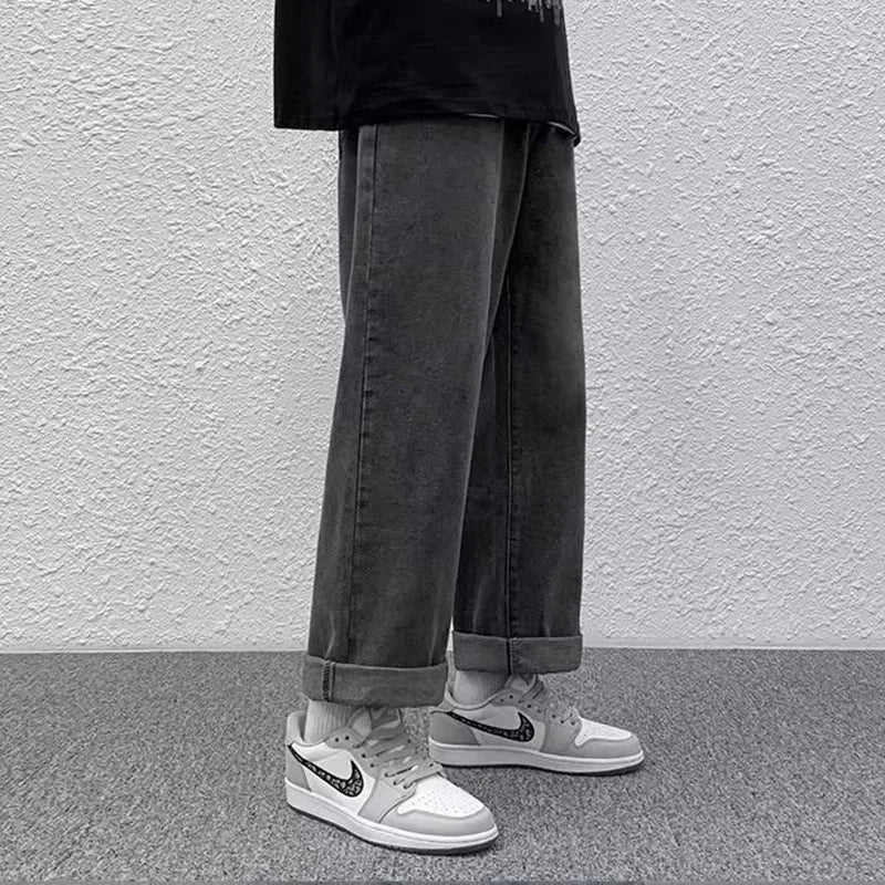 Men Straight-leg Men Jeans Male Baggy Streetwear Wide Leg Denim Pants Hip Hop Style Washed Jeans with Pockets Classic Straight