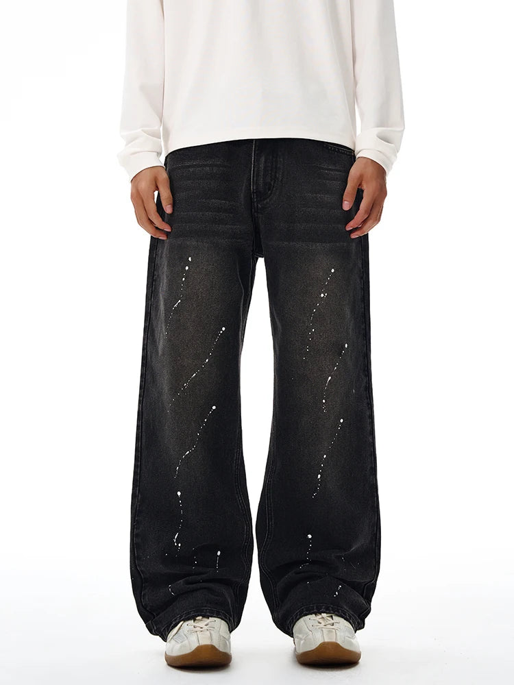Fashion Graffiti Black Loose Wide-leg Jeans Men's Autumn New American Simple Basic Wash Denim Pants Loose Straight Trousers