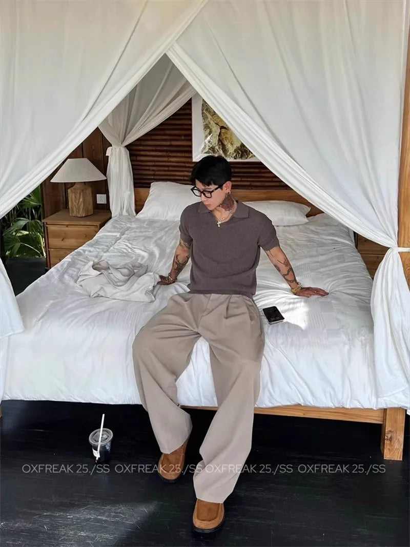 New Retro Fashion Men Suit Pants Light Luxury Draped Baggy Belt Button-down Solid Color Straight Trousers Elegant Dress Pants