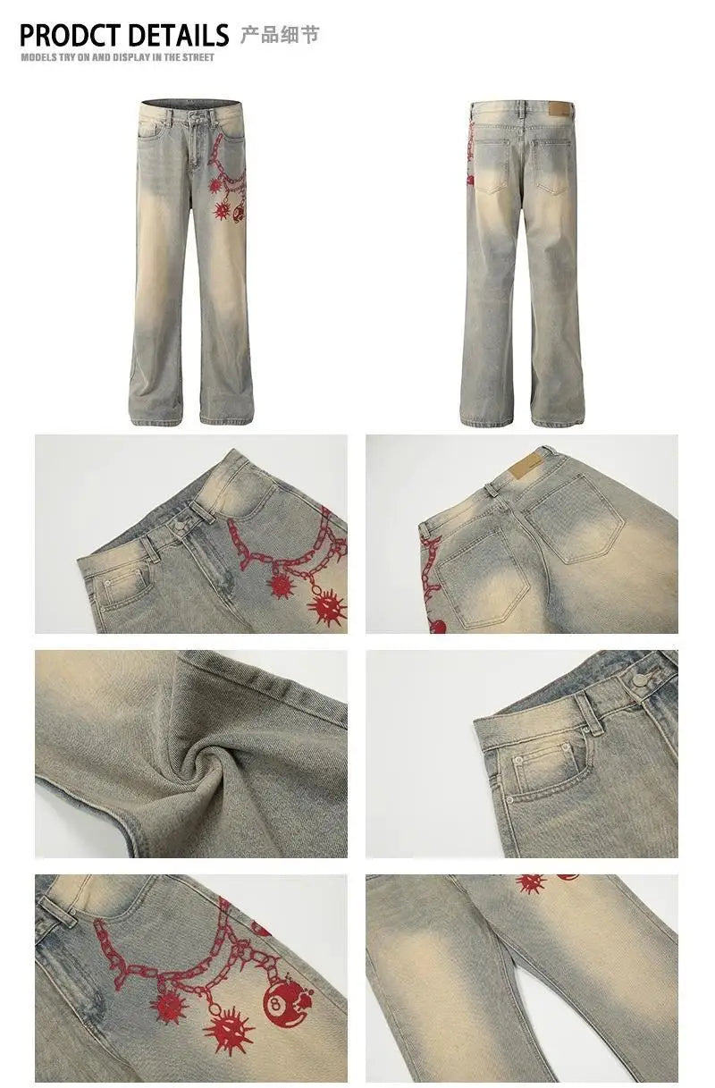 American retro men and women trend personalized embroidered straight leg washed jeans couple spring and autumn casual pants y2k