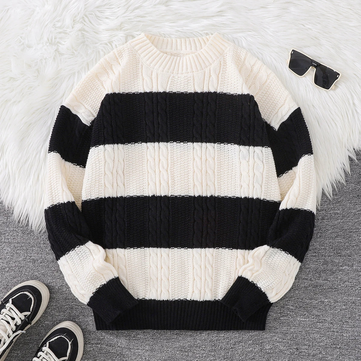 Autumn and Winter Striped Crew Neck Hemp Straw Style Casual Couple Sweater Versatile Trendy Men's Long-Sleeve Sweater Top