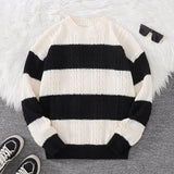 Autumn and Winter Striped Crew Neck Hemp Straw Style Casual Couple Sweater Versatile Trendy Men's Long-Sleeve Sweater Top