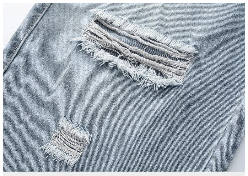 2025 Spring New Men's Ripped Jeans Baggy Straight Classic Light Blue Wide Leg Pants Elastic Waist Vintage Fashion Trousers Male