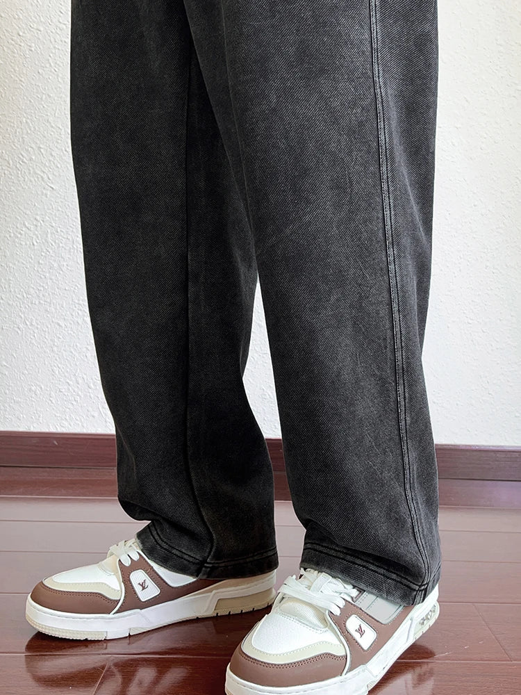Mens Sweatpants High Street Acid Washed Cotton Elastic Waist Wide Leg Jogger Pants Drawstring Workout Long Pants