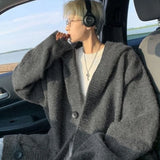 Cardigans Men Loose Korea Style Hooded Warm Autumn Winter Chic Knitted Gray Solid Minimalist Young College All-match Coats Ins