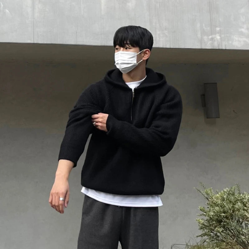 Winter Clothing Men's Luxury Knitted Zipper Hooded Pullovers Sweater Casual Streetwear Striped Solid Color Long Sleeve Hoodie
