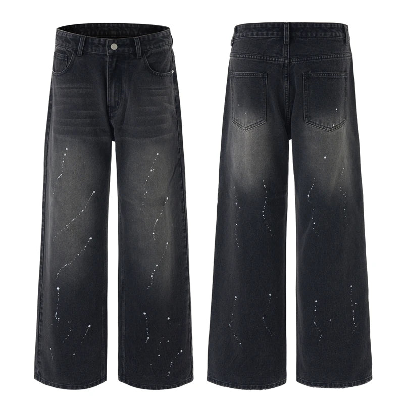Fashion Graffiti Black Loose Wide-leg Jeans Men's Autumn New American Simple Basic Wash Denim Pants Loose Straight Trousers