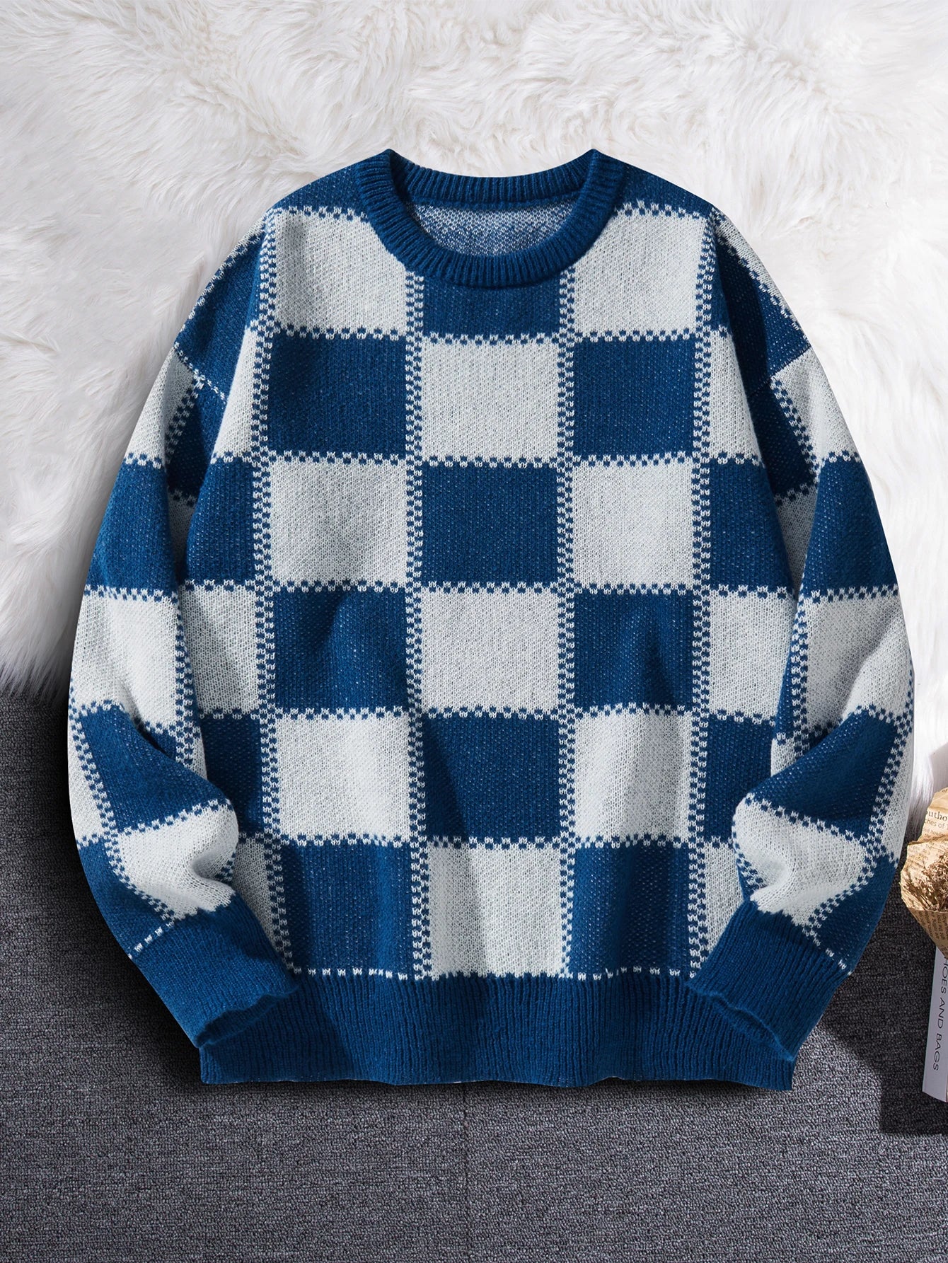 New Popular Autumn Winter Plaid Jacquard Pattern Pullover Sweater Casual Round Neck Contrast Color Knitted Men's Pullover