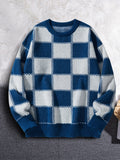 New Popular Autumn Winter Plaid Jacquard Pattern Pullover Sweater Casual Round Neck Contrast Color Knitted Men's Pullover