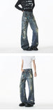 Jean Men Unique Design Graffiti Street Style Drag Jeans Urban Trendy Fashion Distressed Long Fit Casual Denim Pants Edgy Hip Hop