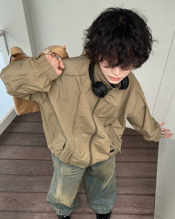 Spring Jackets Men Rib-sleeve Design Sun-proof Chic Unisex Loose Simple Japanese Style Males Outwear Basic Stand Collar Harajuku