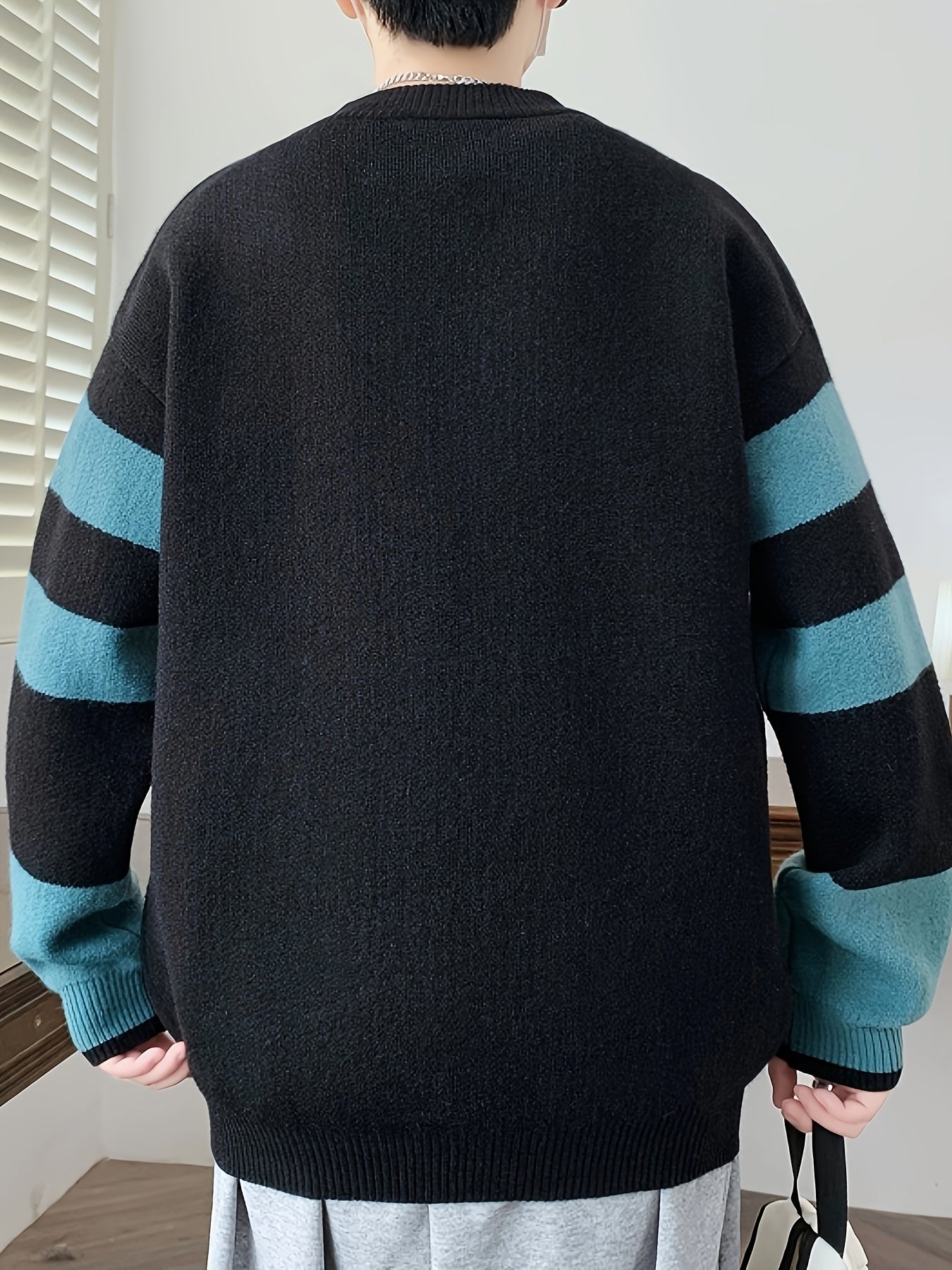 Cozy Thermal Men's Fleece-Lined Knit Sweater - Soft Polyester Blend, Machine Washable, Casual & Trendy Color Block Design - Perfect for Fall & Winter