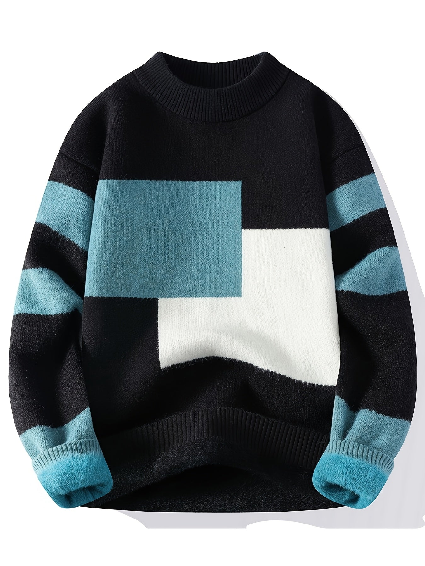 Cozy Thermal Men's Fleece-Lined Knit Sweater - Soft Polyester Blend, Machine Washable, Casual & Trendy Color Block Design - Perfect for Fall & Winter