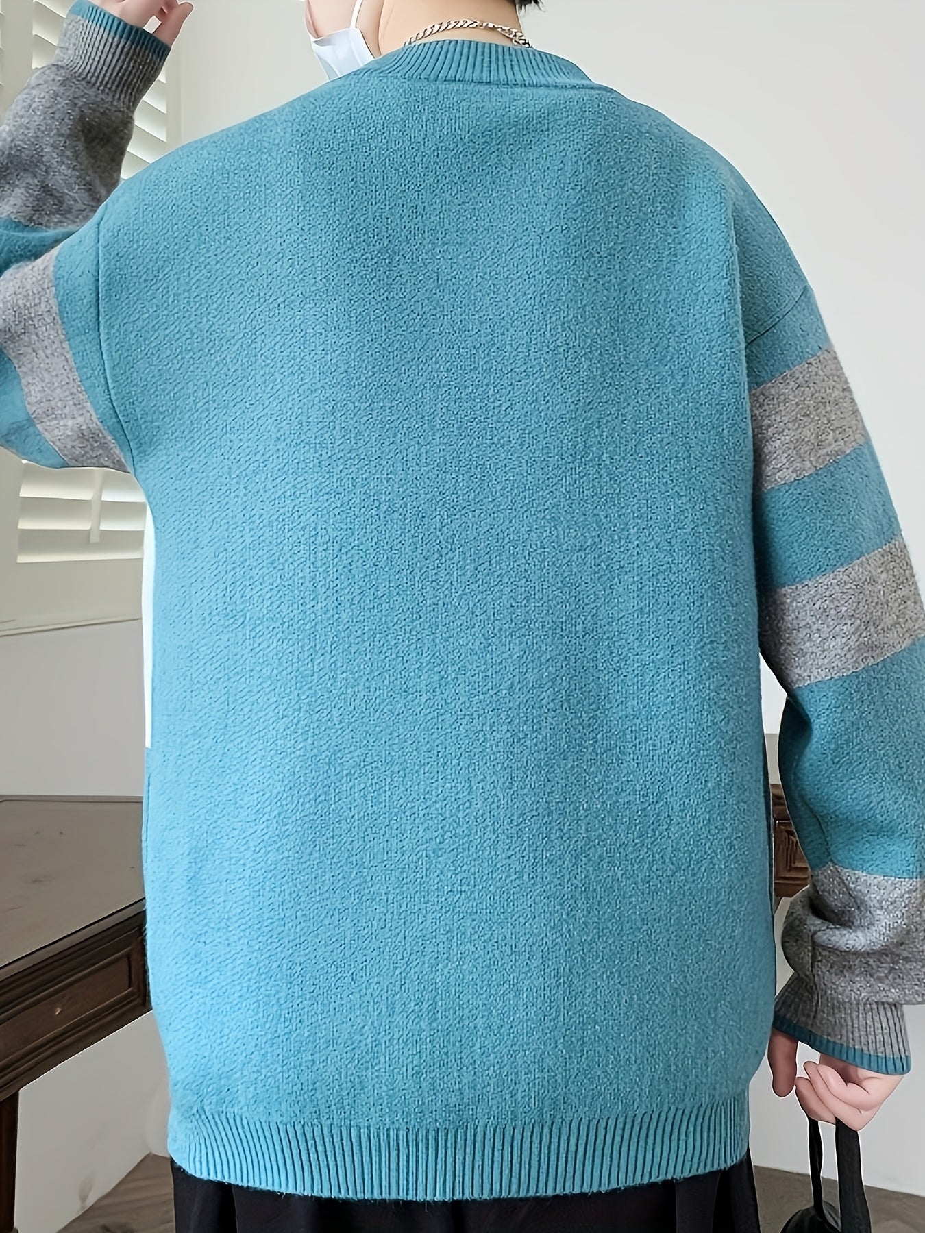 Cozy Thermal Men's Fleece-Lined Knit Sweater - Soft Polyester Blend, Machine Washable, Casual & Trendy Color Block Design - Perfect for Fall & Winter