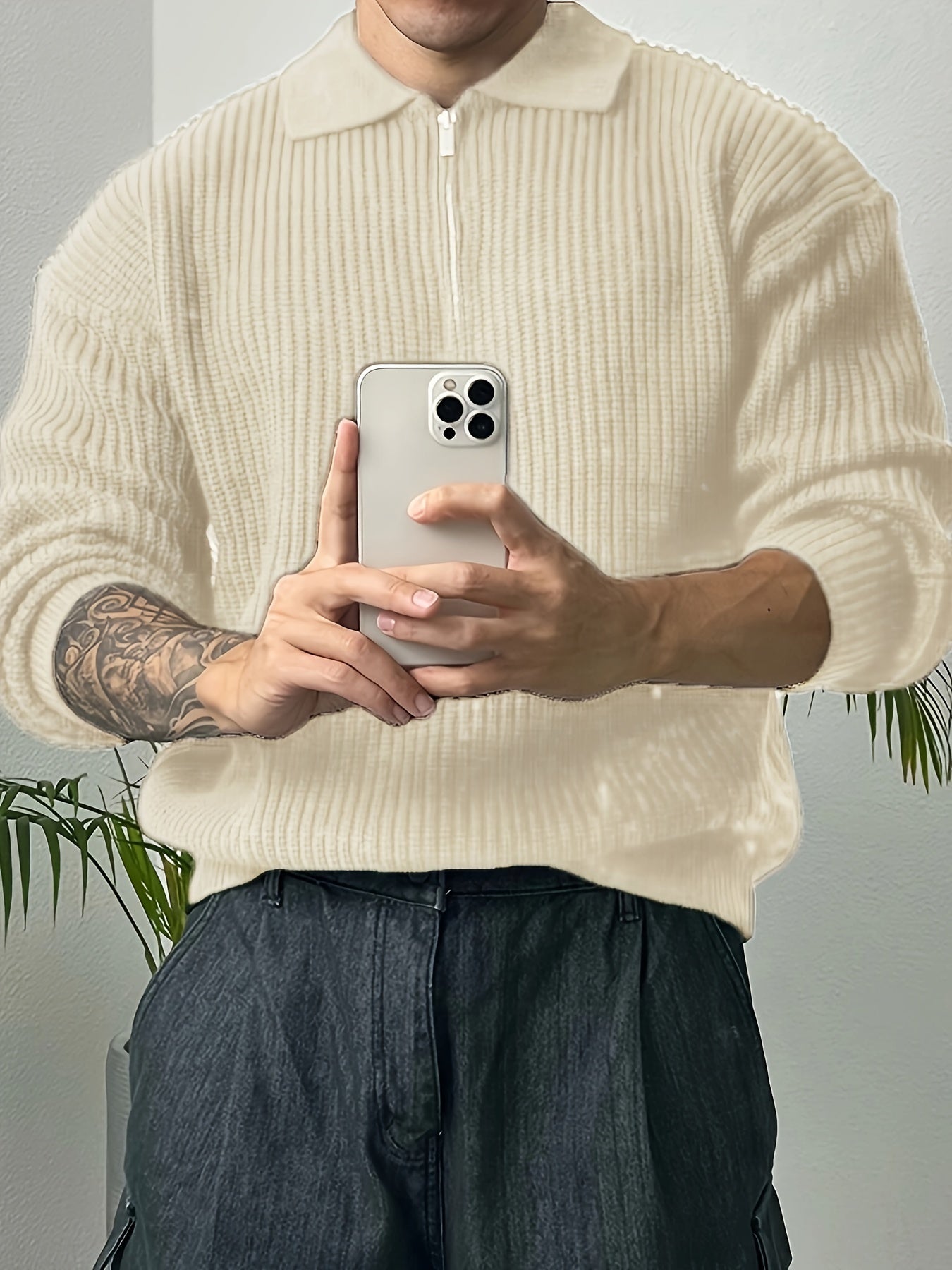 Long Sleeve Polyester Sweatshirt - Men's Casual Knitted Zipper Top - Lapel Collar, Solid Color, Slight Stretch, Half Placket, Loose Fit - 95% Polyester, 5% Spandex - Winter Wear