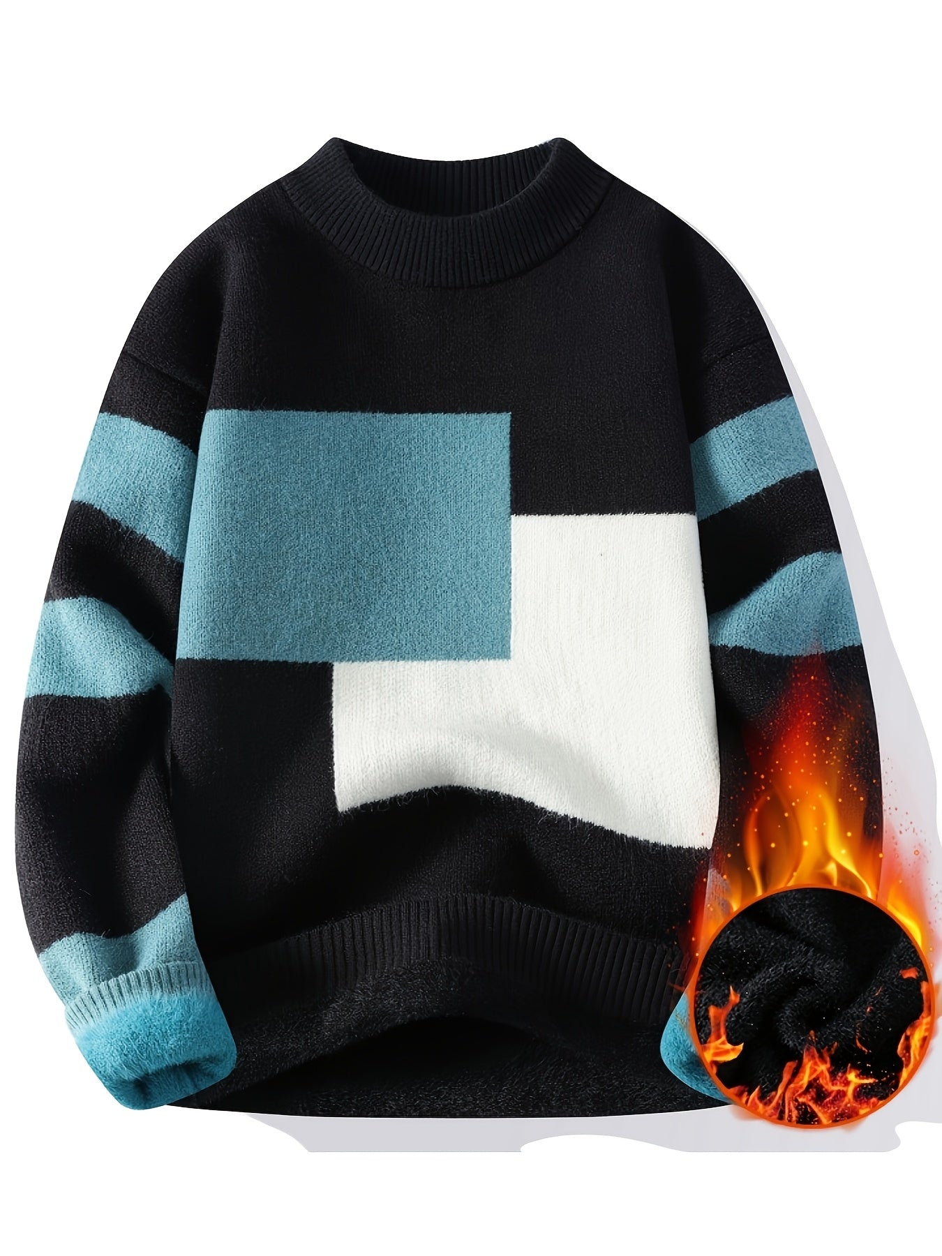 Cozy Thermal Men's Fleece-Lined Knit Sweater - Soft Polyester Blend, Machine Washable, Casual & Trendy Color Block Design - Perfect for Fall & Winter