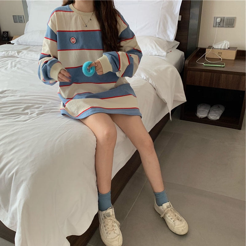 New Harajuku Panelled Blue Striped Men Tshirt Long Slevees Loose Minimalist Casual Clothes Crew Neck Unisex Teen Streetwear