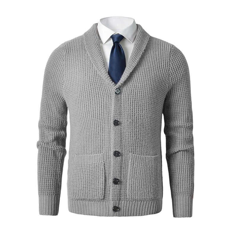 Men's Shawl Collar Cardigan Sweater Slim Fit Cable Knit Button up Merino wool Sweater with Pockets